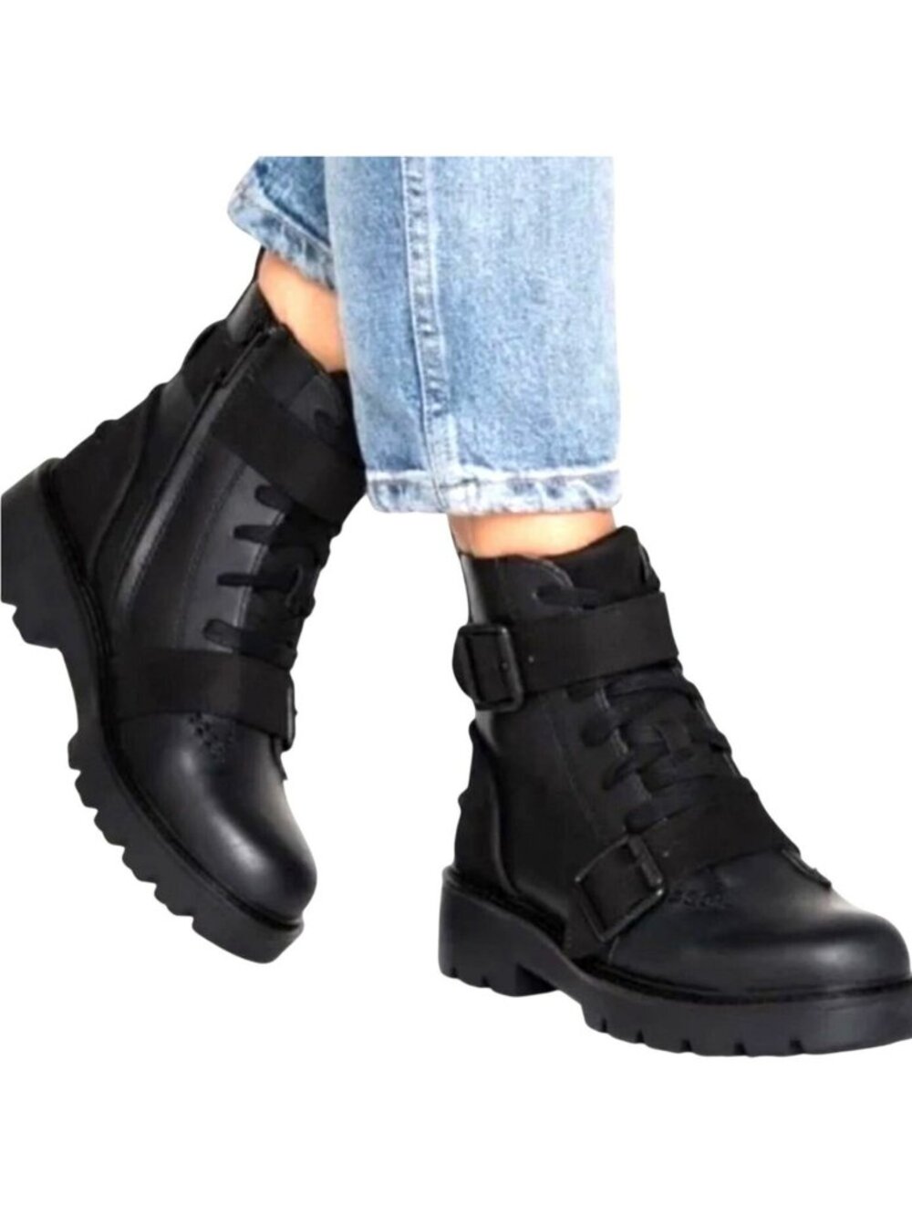 UGG Noe Leather Moto Lace Side Zip Combat Boots Womens 6 Black With Roller Buckl
